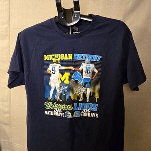 Gildan Michigan Wolverines Detroit Lions Graphic T-Shirt Large Navy